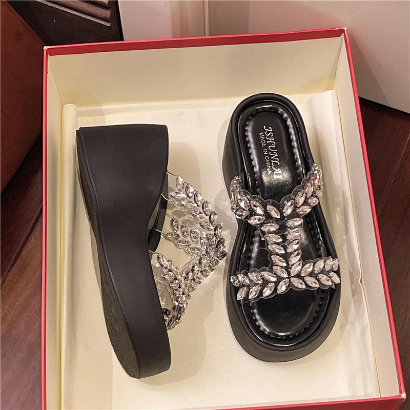 2025 New Slippers Women's Summer Fashion Versatile Outer Wear Heightened Thick Bottom Slope Heel Rhinestone Premium High Heel Cool Slippers