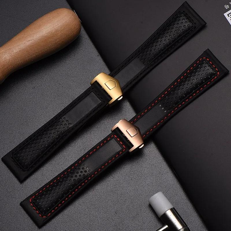 Genuine Leather Watch Band For Tag Heuer Carrera Diving Monaco F1 Series Breathable Black Watch Chain 22mm Men Watch Straps