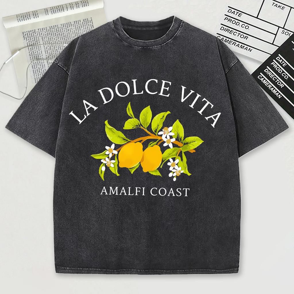 Dolce Vita Lemon Fruit Amalfi Coast Print Wash Men T-Shirt Summer Casual Trendy Tee Sport Cotton Top Loose Unisex Short Sleeve