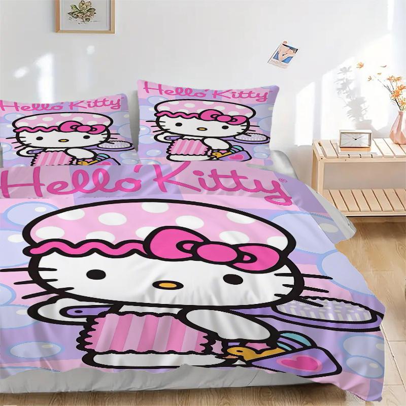 3 шт. Набор чехлов для кровати с принтом Hello Kitty, ультрамягкий, дышащий и удобный, стильный дизайн для спальни и гостевой комнаты 1 чехол
