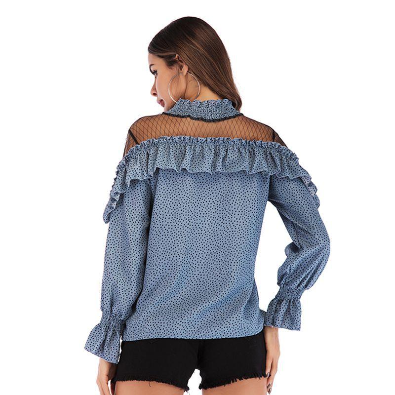 Spring and Autumn Women's Chiffon Long Sleeve Pleated Mesh Splicing Ruffle Polka Dot Chiffon Blouse Top