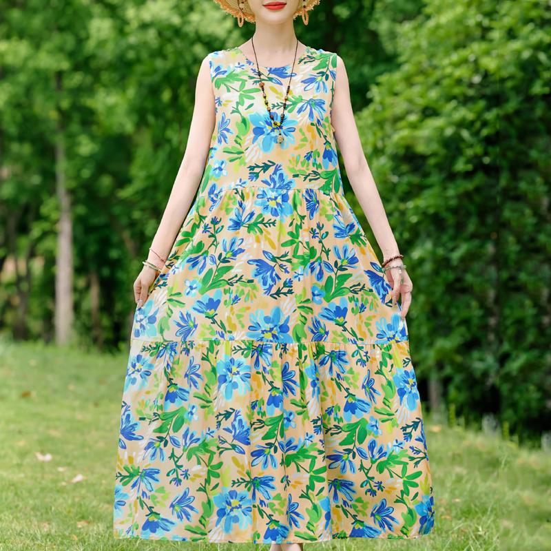 Элегантное женское платье без рукавов больших размеров с коротким рукавом и винтажным принтом, длинное платье, летняя повседневная женская одежда среднего возраста