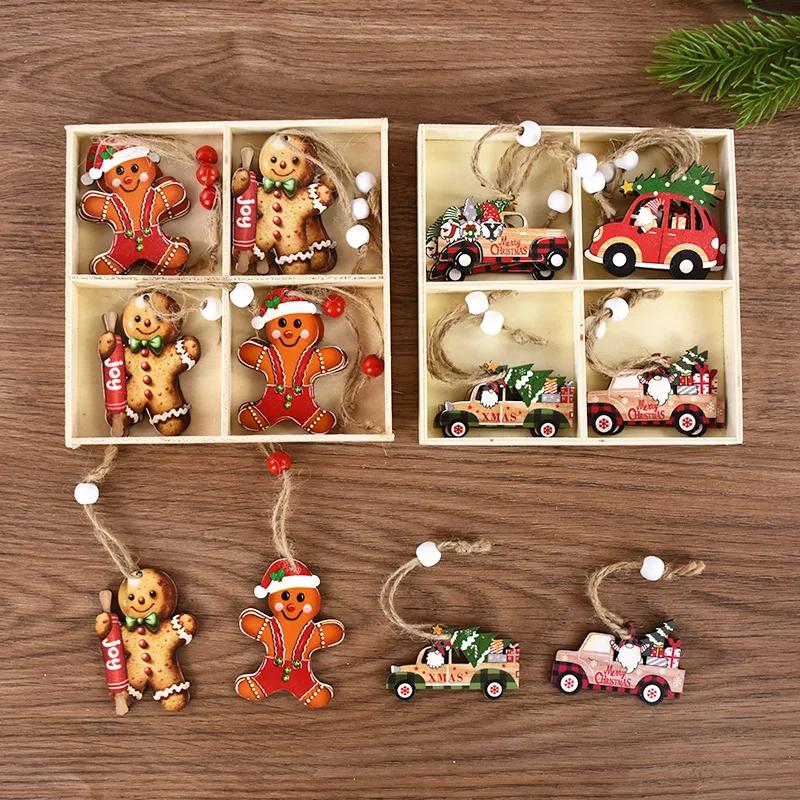 12Pcs New Decorations Box Wooden Painted Hanging Ornaments Tree Decoration Pendants 2025 New Year Small Gifts Christmas Products