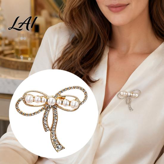 Electroplated Brooch Bowknot Design Brooch Strong Buckle Fastening Pin with Faux Pearls Secure Clasp Rhinestones Electroplating Anti-Oxidation Badge