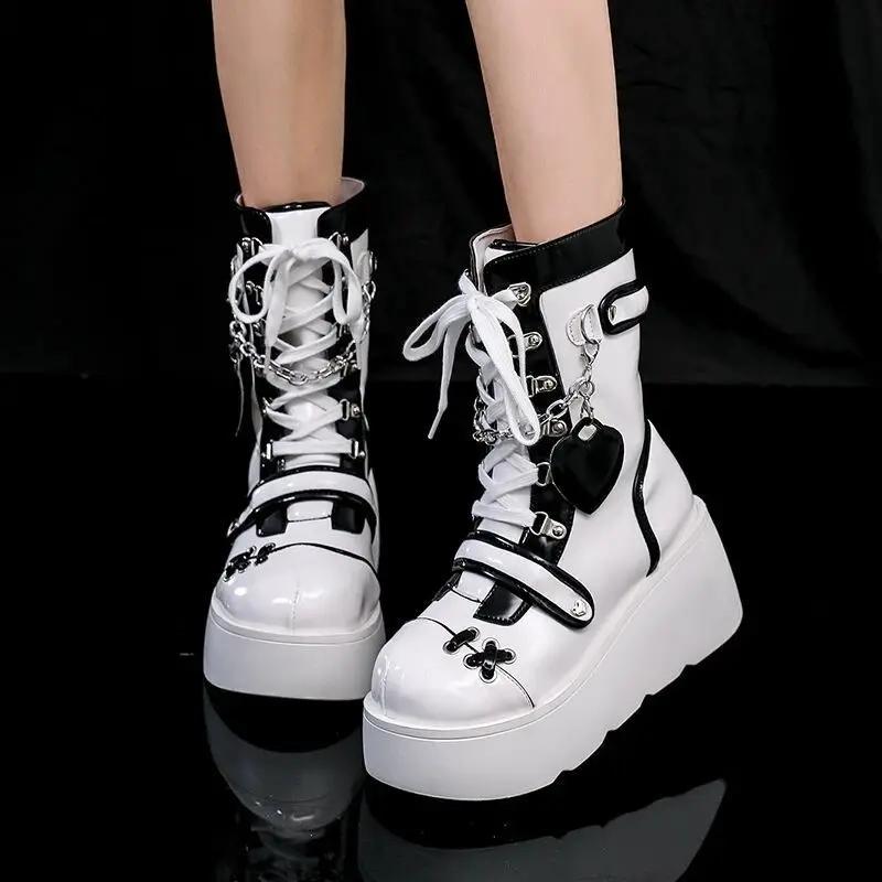 Fashion New Gothic Platform Shoes Women's Boots Vampire Role Play Womens Mid-calf Boots Lace Up Wedges Punk Style Botines Para Mujeres