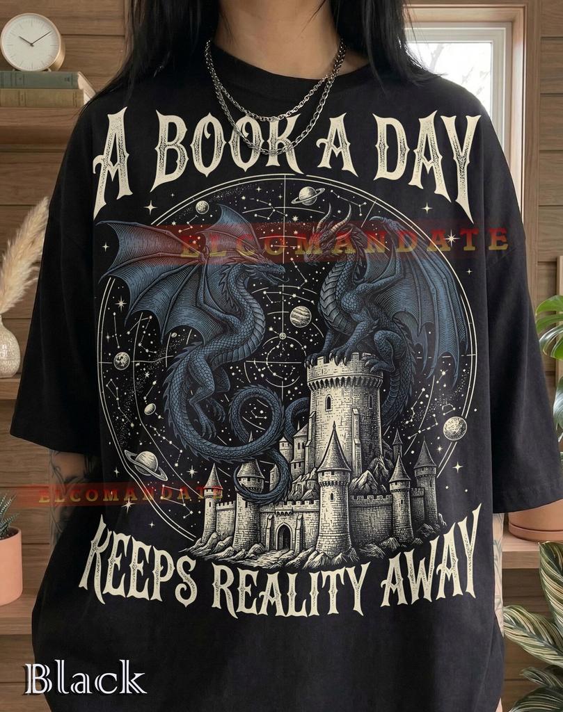 A Book A Day Keeps Reality Away Dragons Comfort Colors® Tshirt, Castle Fantasy Book Lover Celestial Magic Reader Stars Vintage Tee