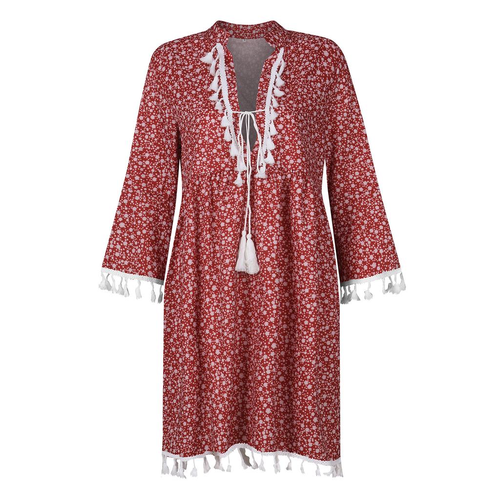 Women Three-quarter Sleeve Boho Floral Printed Dress Tassel V-neck Dress