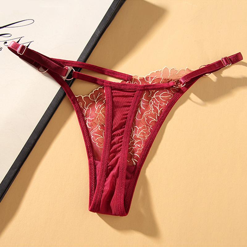 Сексуальные кружевные стринги с вышивкой, женские прозрачные трусы с регулируемой талией 159