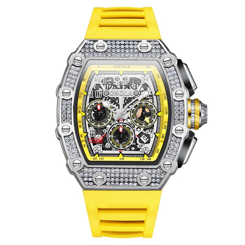 New Fashion Full Diamond Top Brand Multi-function Waterproof Quartz Men's Watch Silicone Band Sports Watch