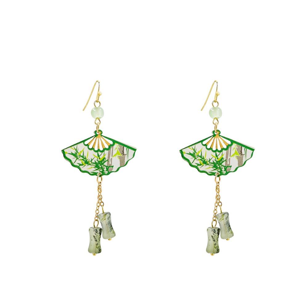 Leaf Fan Shaped Drop Earrings Tassel Exaggerated Long Earrings Chinese Style Earrings  Party