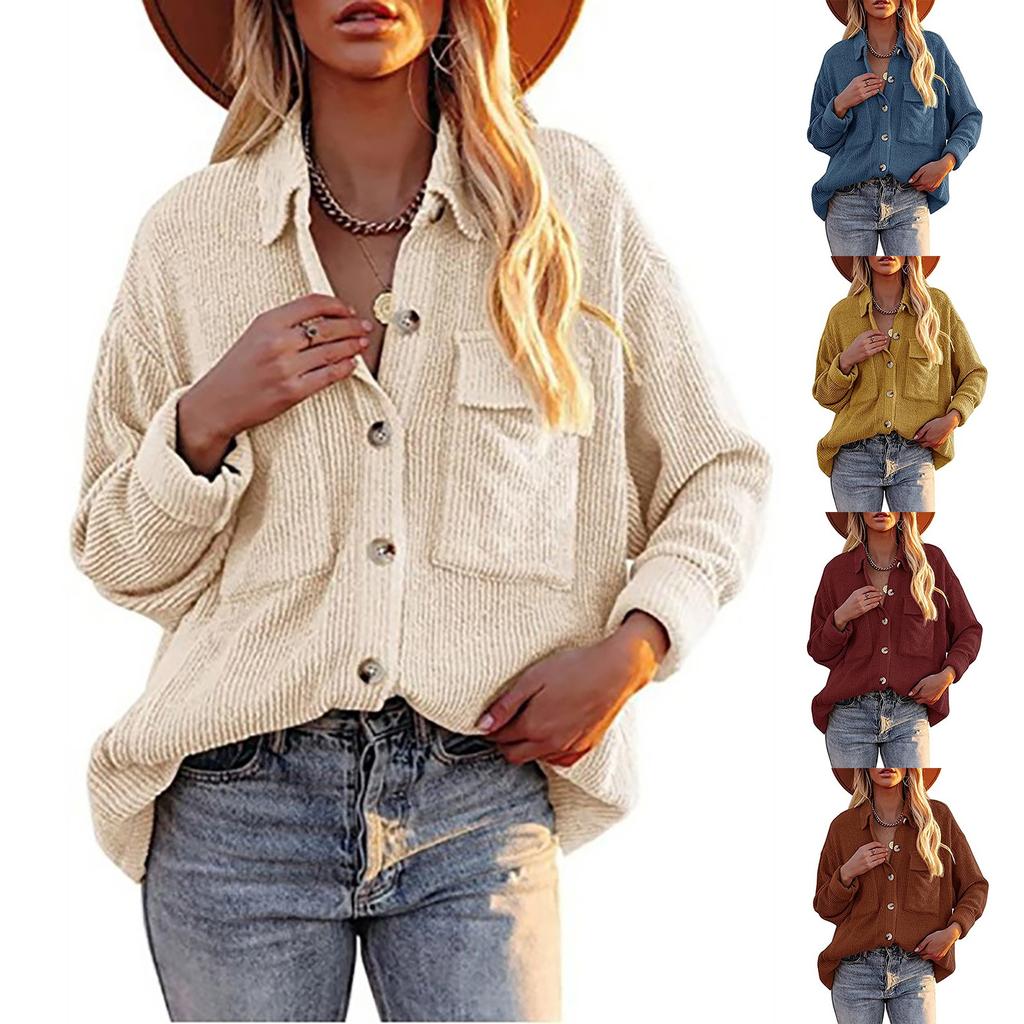 Women's And Winter Loose Corduroy Lapel Double Pockets Long-Sleeved Shirt Jacket
