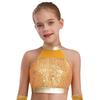 Girls Sleeveless Mock Neck Dance Crop Top Glitter Sequin Patchwork Keyhole Back Design Performance Top