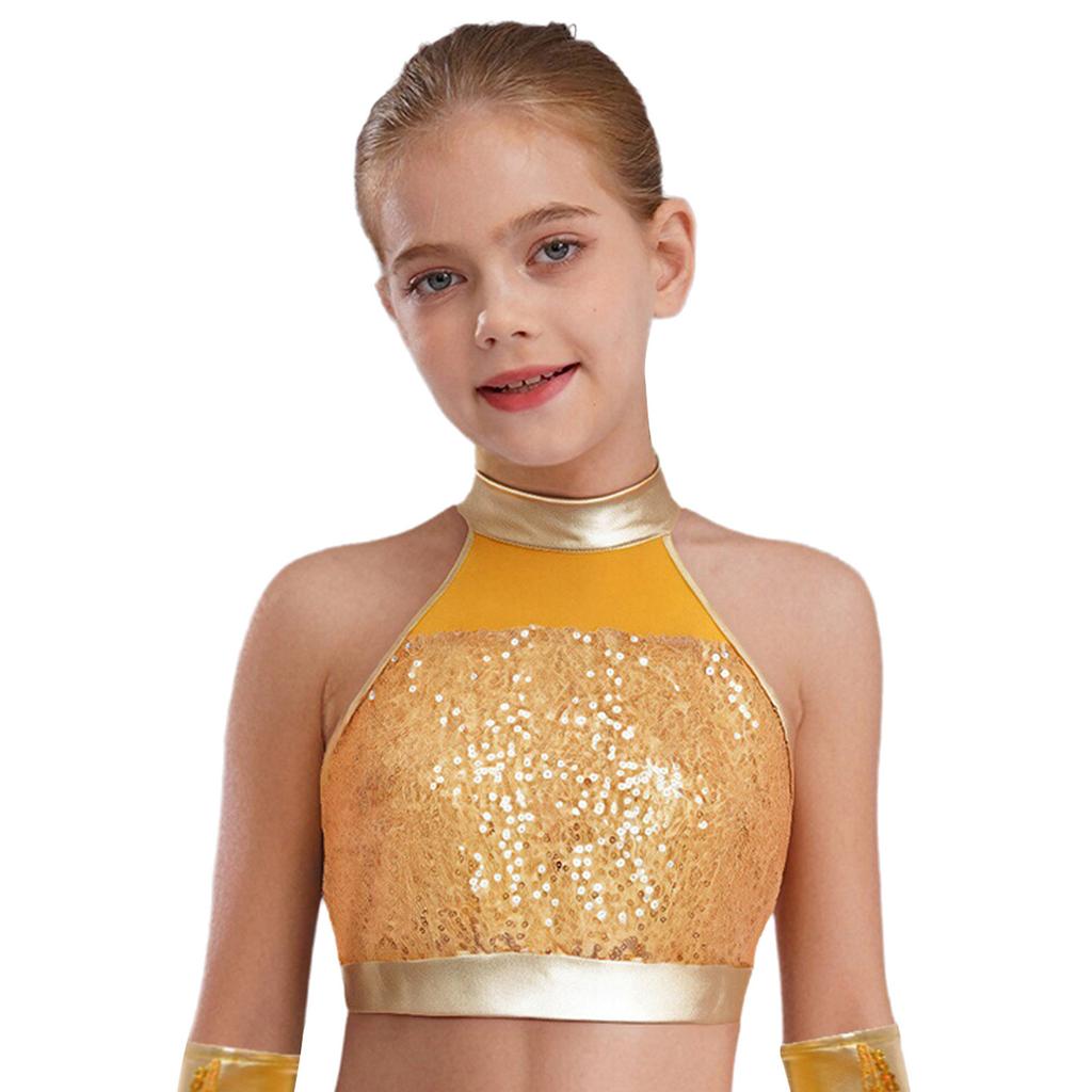 Girls Sleeveless Mock Neck Dance Crop Top Glitter Sequin Patchwork Keyhole Back Design Performance Top