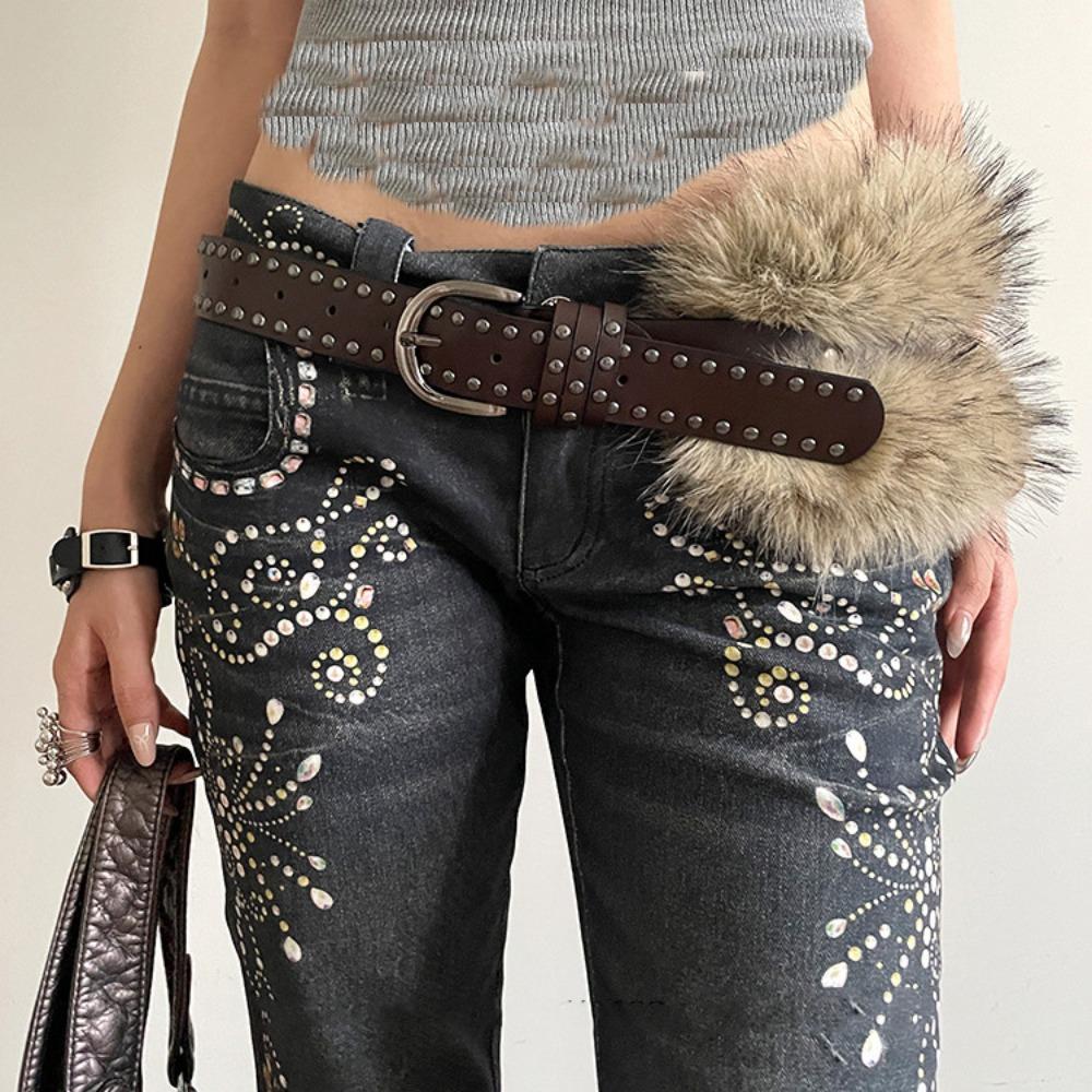 Western Style Y2K Waistband Rivet Plush Belt Simple Leather Fur Belt  Daily