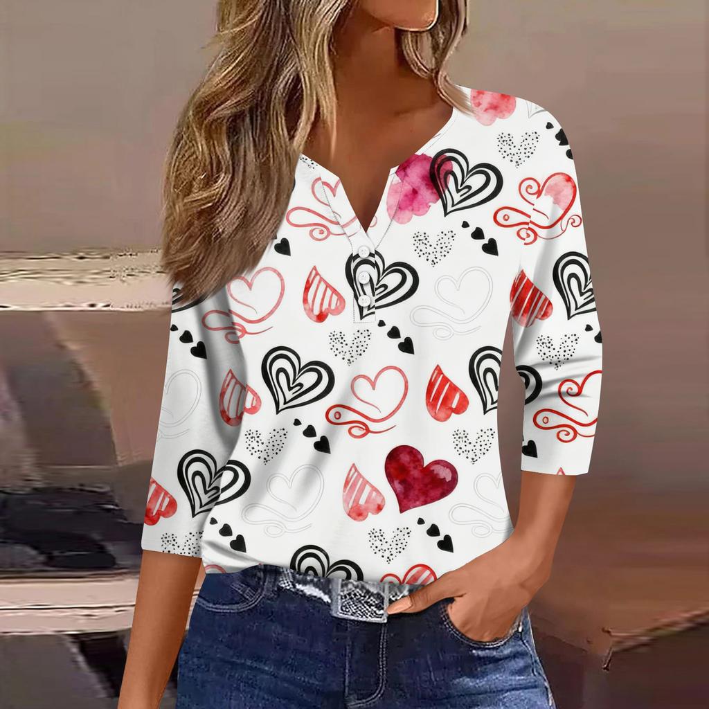 Женская модная рубашка на пуговицах с V-образным вырезом, рукавом три четверти, с принтом ко Дню святого Валентина