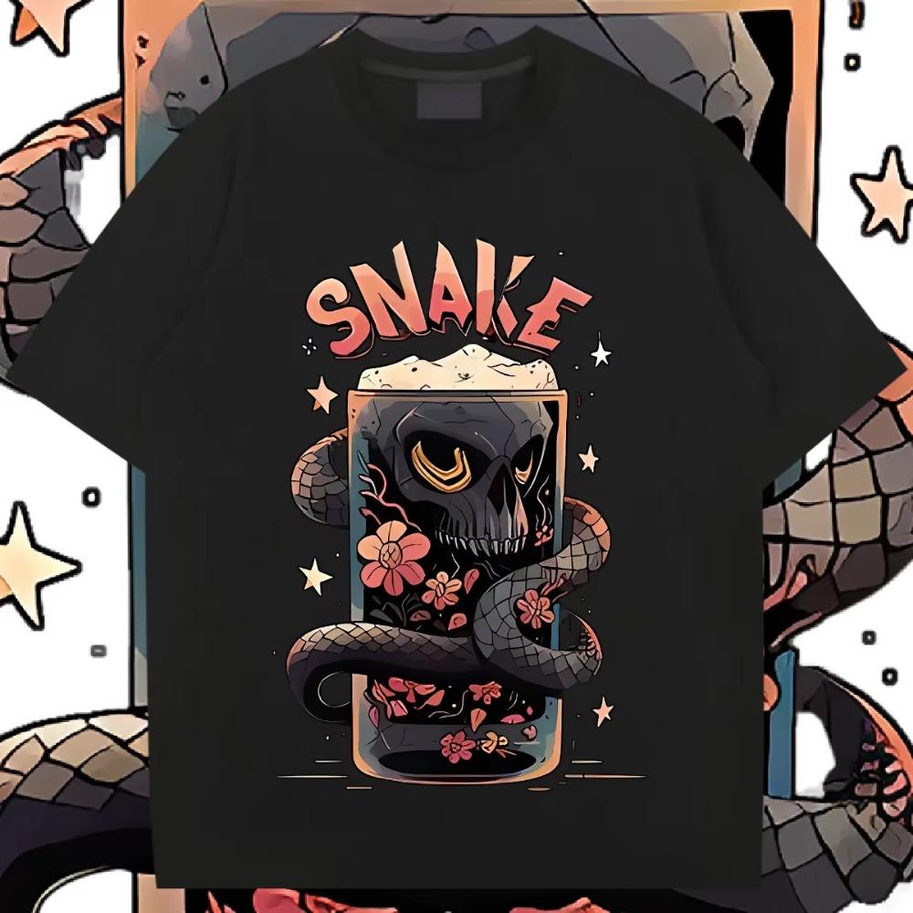 Футболка с принтом змеи вокруг чашки, с коротким рукавом, с круглым вырезом, одежда в стиле хип-хоп, мужская футболка, футболка с HD графическим принтом, повседневные топы, футболка оверсайз
