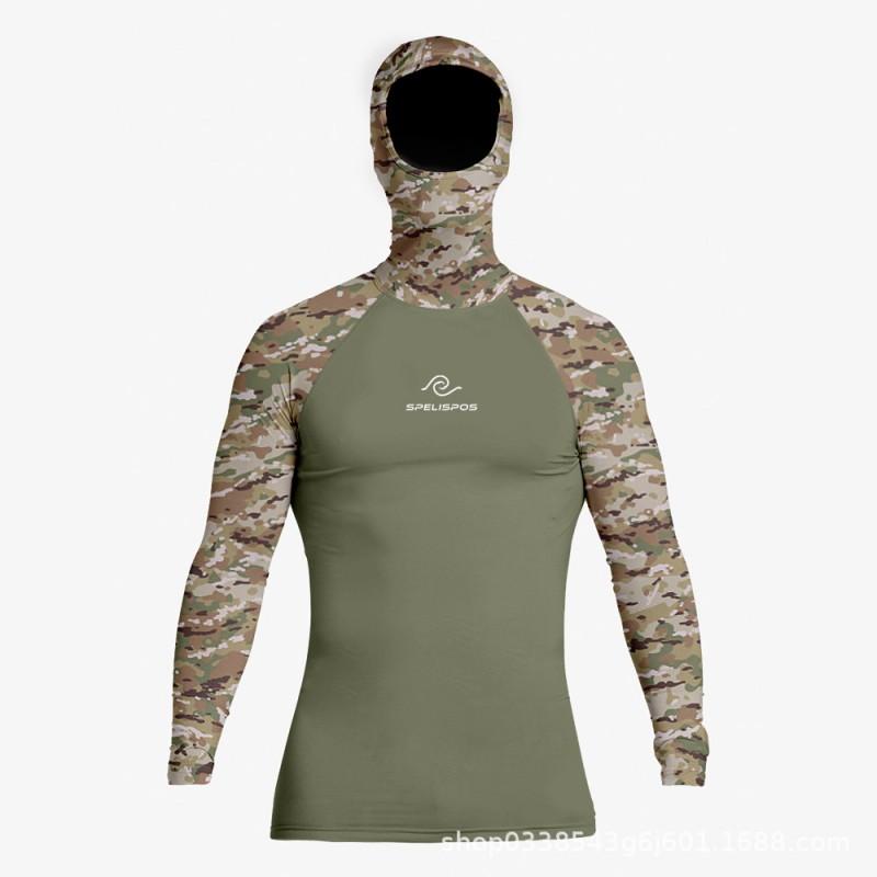 Mens Long Sleeve Hooded Rash Guard UV Protection Surfing Shirt Diving Swimming Water Sports