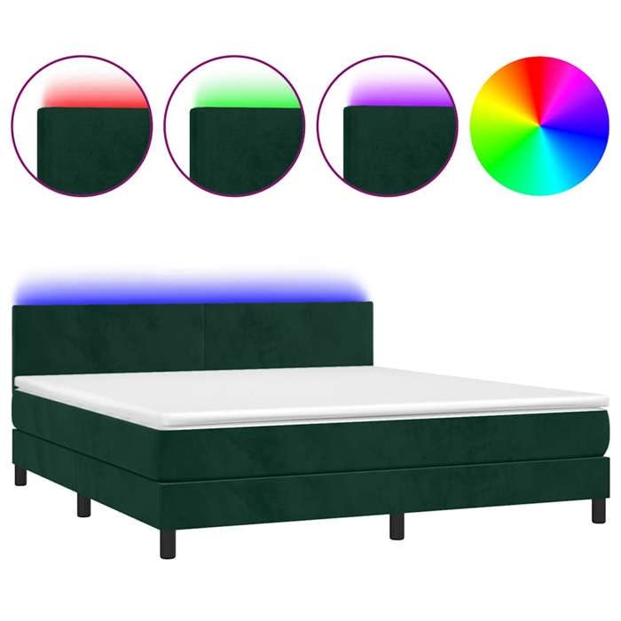 Sommier à lattes avec matelas - 160x200 cm - Velours vert foncé - LED colorée - 2 places