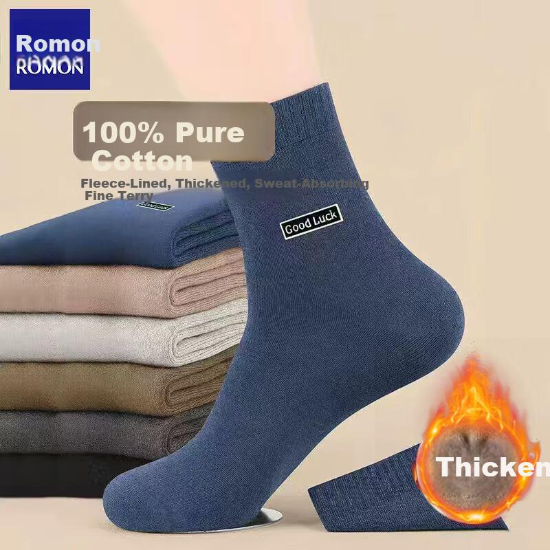 ROMON Men's Winter 100% Cotton 10A Fleece Thickened Warm Mid-Calf Socks Full Cotton Durable Terry Socks
