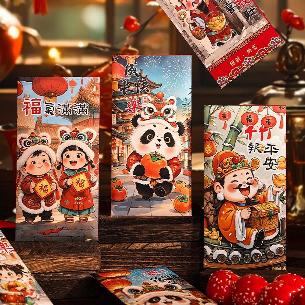 6pcs Traditional New Year Red Envelopes Cartoon Panda Red Packet Lunar New Year Gifts