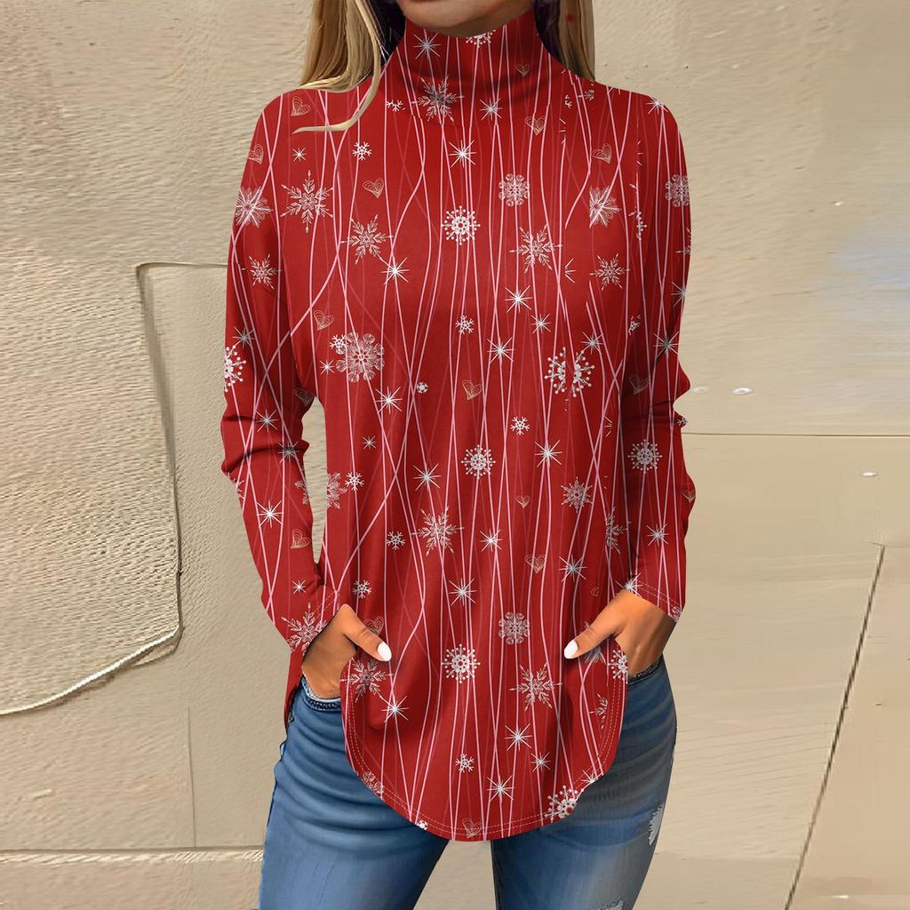 Tee Shirts For Women Fall Casual Long Sleeve Shirts Sweatshirt Vintage Printed High Neck Top Pullover