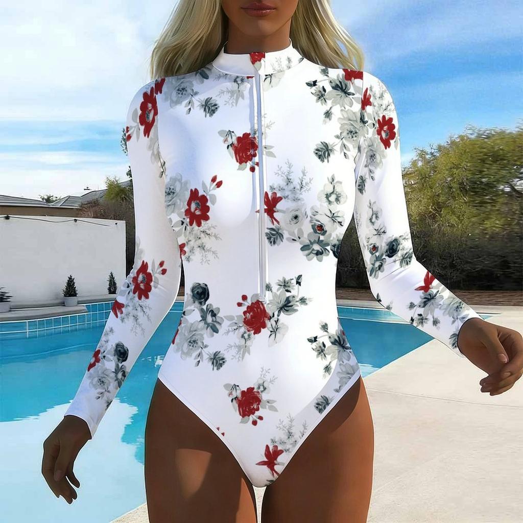 Женский купальник с длинным рукавом, цельный, на молнии спереди, с цветочным принтом, защита от солнца, для серфинга, купания