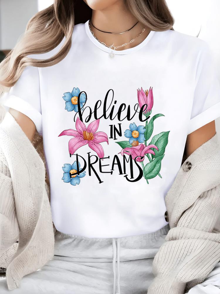 (Asian Size) Print Short Sleeve T-shirts Flower Style 90s Fashion O-neck Female Casual Women's Top T Clothing Graphic Tee