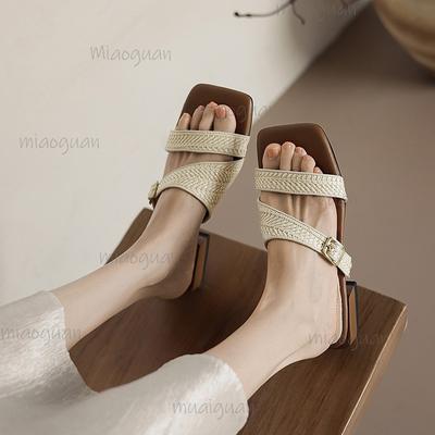 Модные женские шлепанцы в французском стиле с мягкой подошвой и квадратным носком, на низком каблуке, слипоны, летняя уличная обувь, модные женские пляжные сандалии, размер 35 40