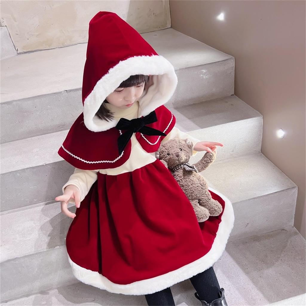 Santa Claus Costume for Girls Little Red Riding Hood Costume for Kids Christmas Fancy Dress Dress with Ribbon Santa Costume Clothing Santa Claus Party