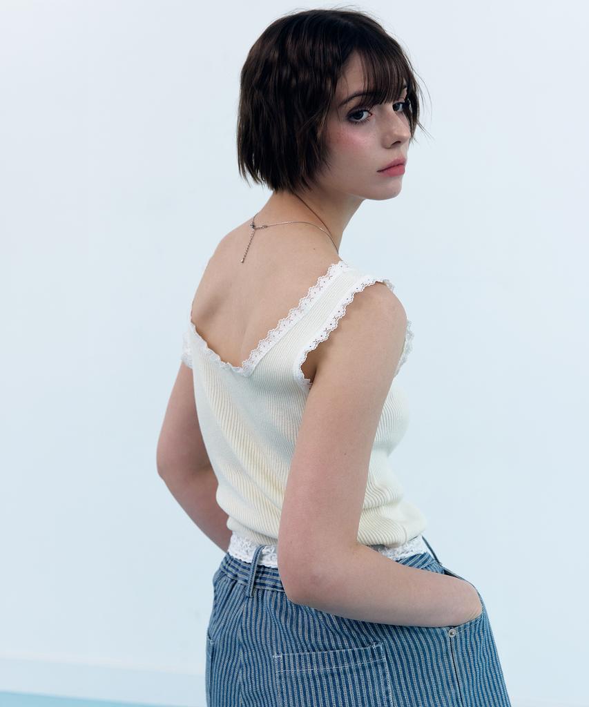 CLO'ET Lace-Trimmed Sleeveless Knit Top + Ivory