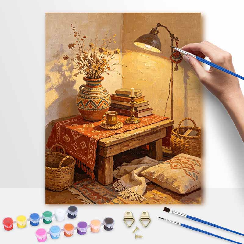Oil painting digital art kit for DIY home decor wall art.Boho still life vase with flowers.books.lamp.cozy room scene.118 characters