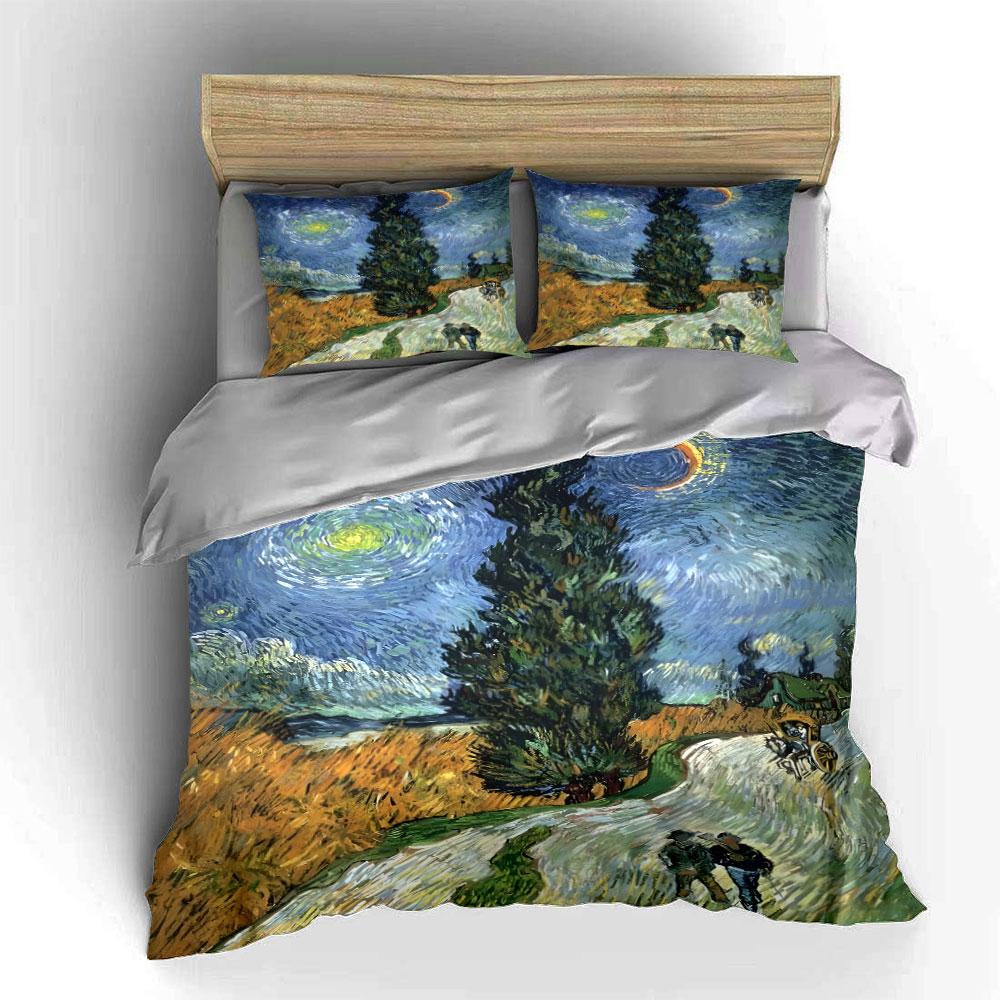 Starry Night Countryside Painting Bedding Duvet Cover Set  (1*Duvet Cover 2*Pillowcases, without duvet insert)