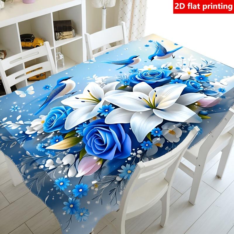 2D Flat Printing, 1pc Dreamy Blue Floral Bird Tablecloth, Durable Polyester, Blue Floral Flat Print, Fresh and Natural Style, Suitable for Home Dining
