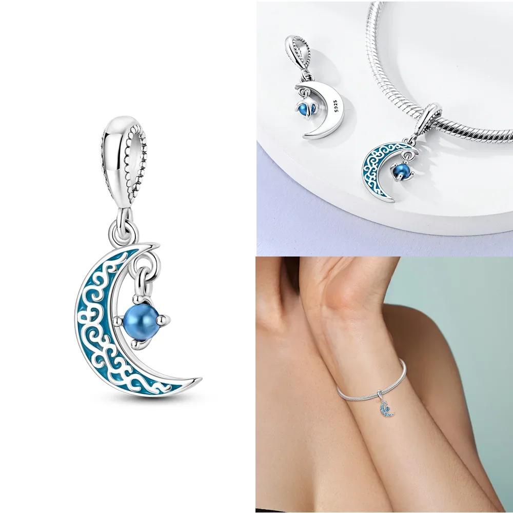 Authentic copper Charm Moon Yellow Stars Blue Zircon Feathers Bead Charms Compatible With Bracelets Women Diy Accessory Valentines Fine Gift
