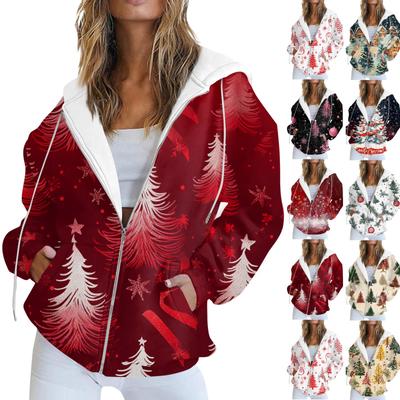 Женская повседневная рождественская печатная толстовка на осень и зиму с длинными рукавами и карманом на молнии с капюшоном