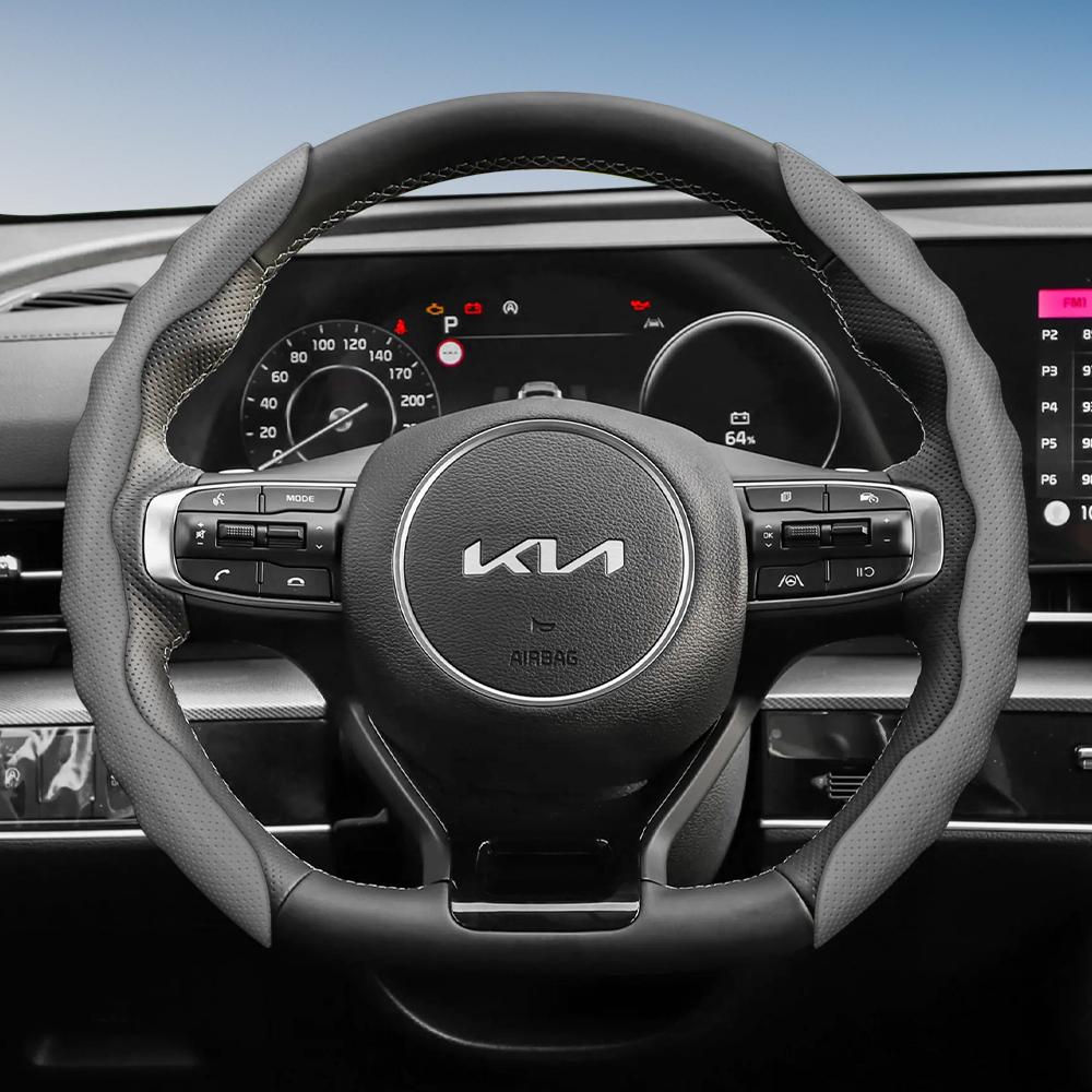 Подходит для чехла на руль Kia с волнистым спортивным дизайном, дышащая кожа, сегментированный противоскользящий, впитывающий пот защитный чехол