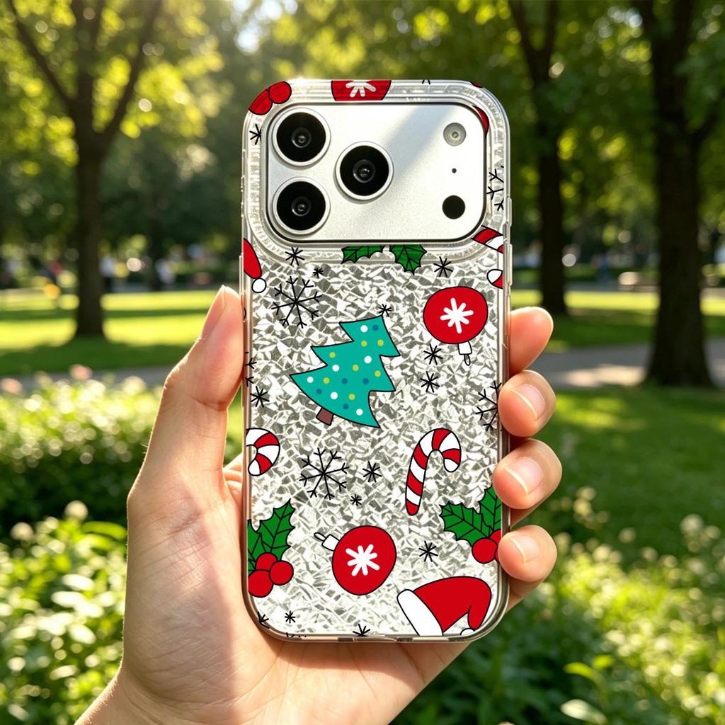 Christmas Element Patterns Case for iphone XR 12 Air XS Max 14 18 Pro Max 15 16 Plus 17 Pro 11 13 Silver Crushed Foil Cover
