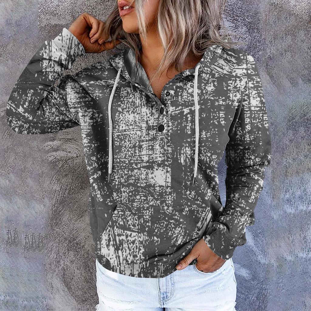 Women's Casual Fashion Vintage Print Long Sleeve Button Pullover Hoodies Sweatshirts