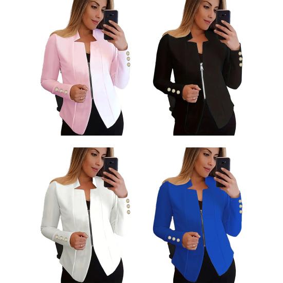 Весенне-осенний деловой костюм, пальто с зубчатым воротником и длинными рукавами на молнии, пиджак, однотонная приталенная верхняя одежда