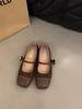 Flat Bottom Square Head Splicing Mary Jane Single Shoes Women's Shoes 2024 New Spring, Autumn and Winter French Retro Suede Evening Shoes