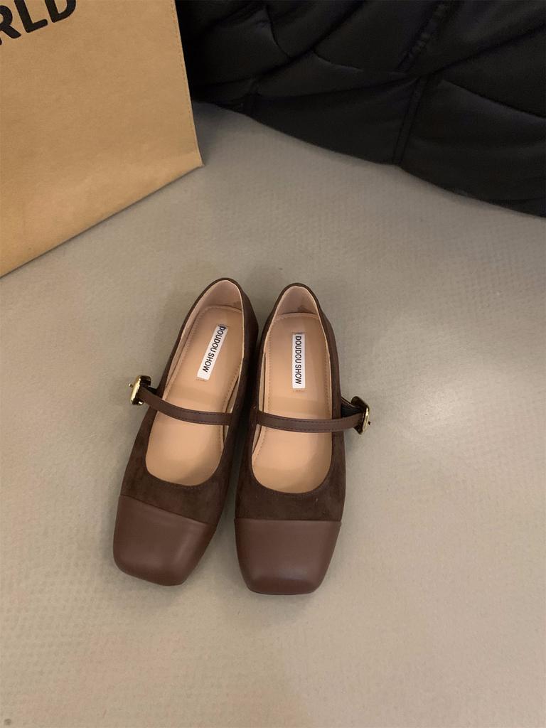 Flat Bottom Square Head Splicing Mary Jane Single Shoes Women's Shoes 2024 New Spring, Autumn and Winter French Retro Suede Evening Shoes