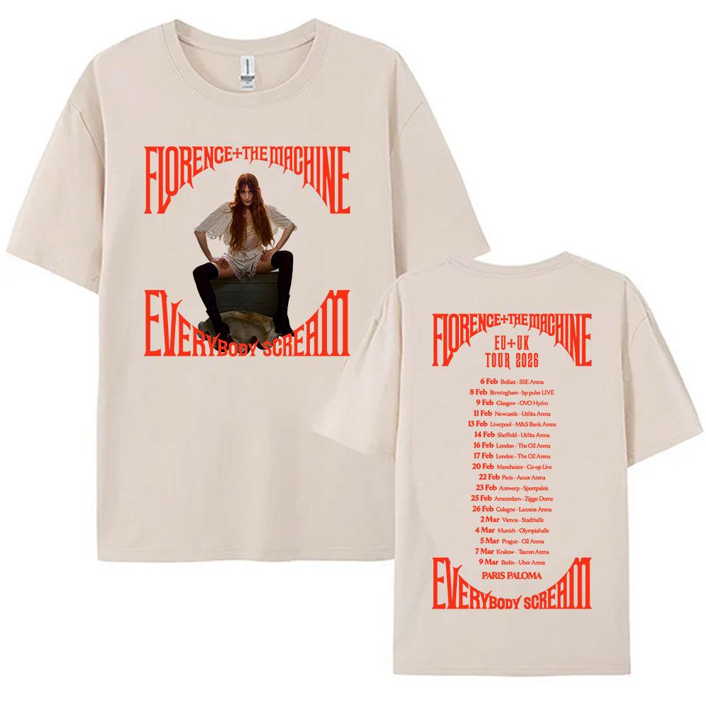 2026 ВеснаЛето Everybody Scream Tour Футболка Florence The Machine Принт Группы Короткий Рукав Хлопковая Футболка