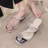 Fashion Cool Slippers Thick Heel Toe Slippers Fairy Rhinestone Cover Toe Slippers Female Summer Wear 2025 Autumn New