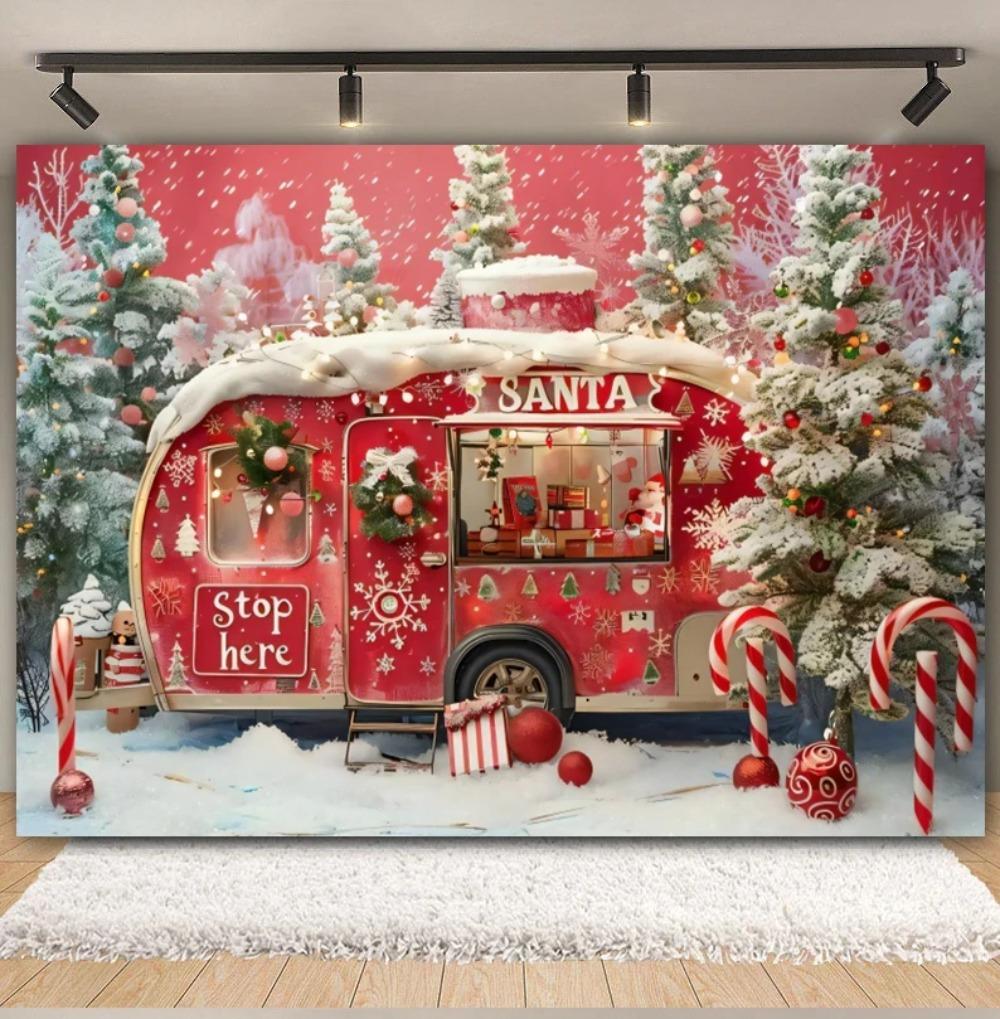 Christmas Backdrops Truck Xmas Tree Winter Forest Snow Candy Cane Gifts Kids Portrait Family Party Photo Photography Background