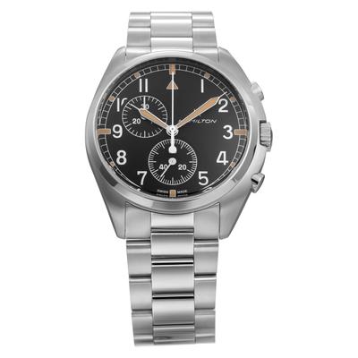 Часы Khaki Pilot Pioneer Chrono с черным циферблатом, кварцевые, водонепроницаемые, 100 м, хронограф из нержавеющей стали H76522131, серебристые [Hamilton] мужские [Товар]