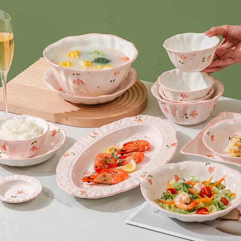 Милые розовые керамические тарелки для дома, вкусные блюда, большие суповые миски, вечеринка, послеобеденный чай, десертная фруктовая тарелка, изысканная столовая посуда