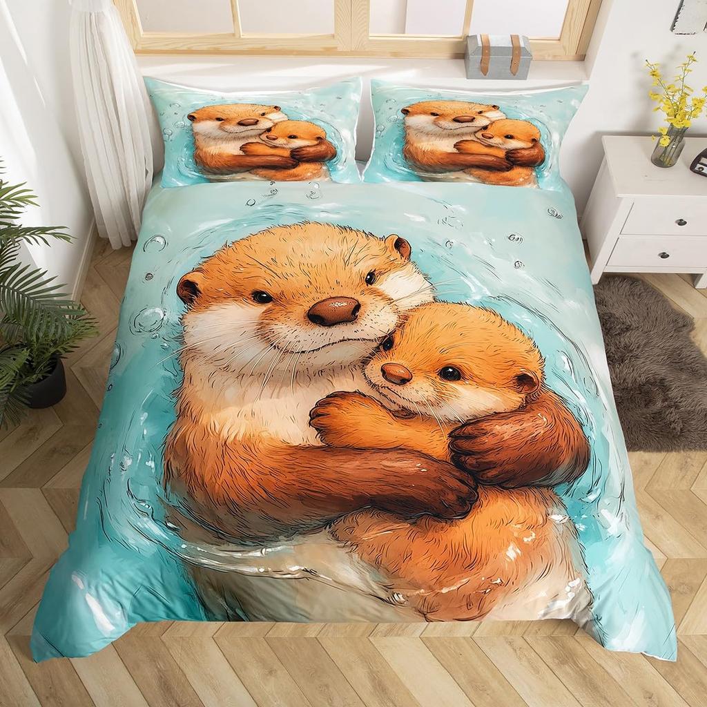 Sea Otter Duvet Cover Set Ocean Creature Otter Toddler Soft Polyester Bedding Set Cute Cartoon Animal Print Comforter Cover Sets