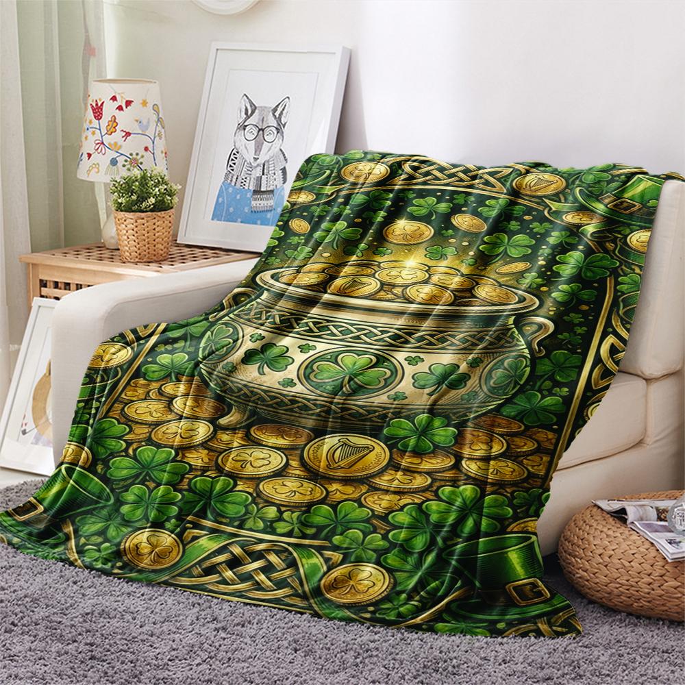 1Pc St.Patrick's Day Print Flannel Blanket, High quality Comfortable for All Seasons, Home Decor, Warmth and Comfort, Perfect for Christmas Gifts W72