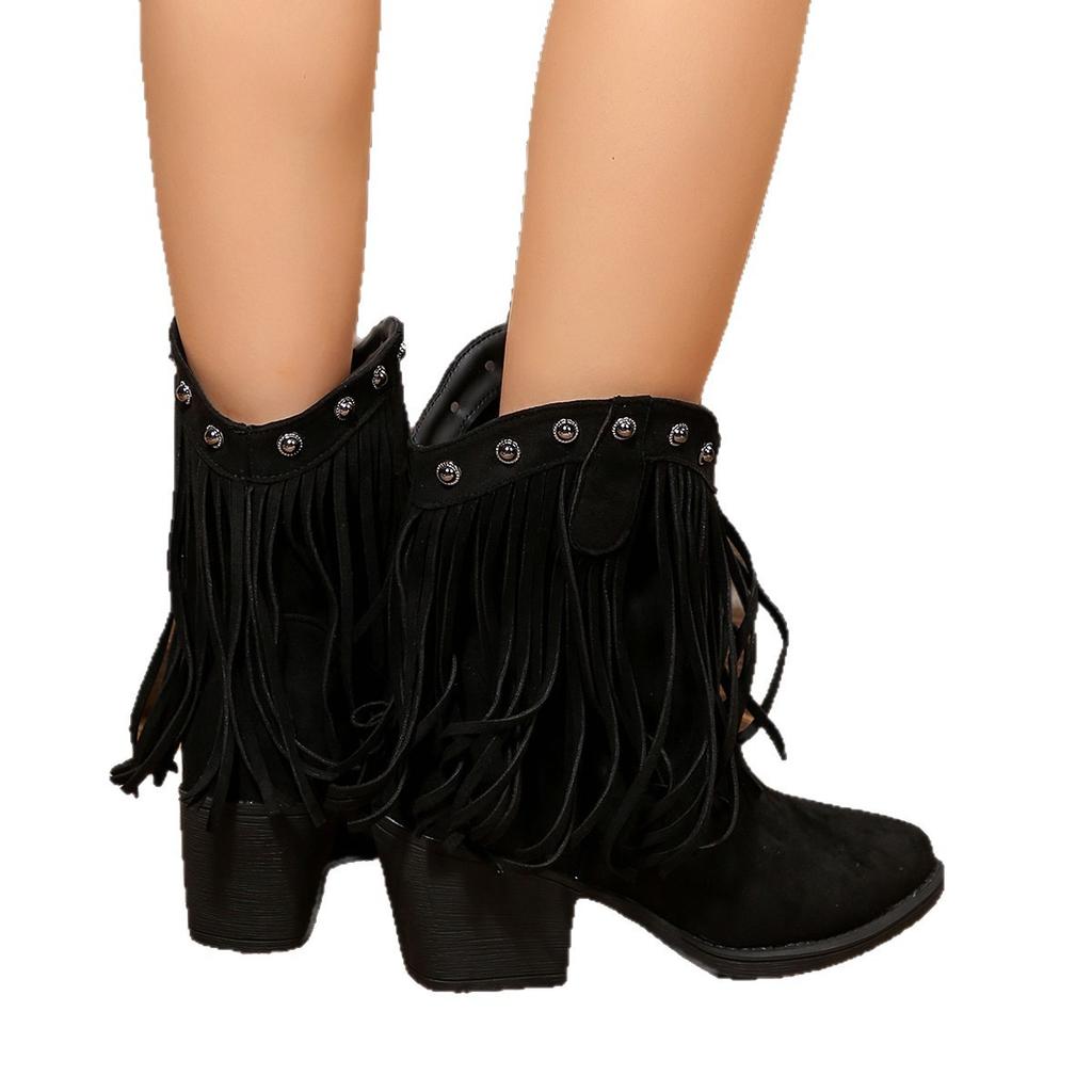 New fringed rivet western denim versatile pointed short boots women's large size retro fashion boots
