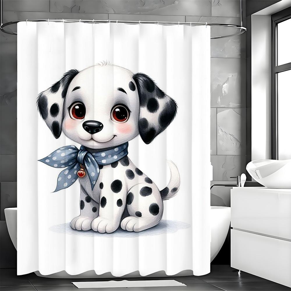 Cute Spotted Dog Silk Towel Shower Curtain, Bathroom Decorative Shower Curtain, Waterproof Shower Curtain with Hooks